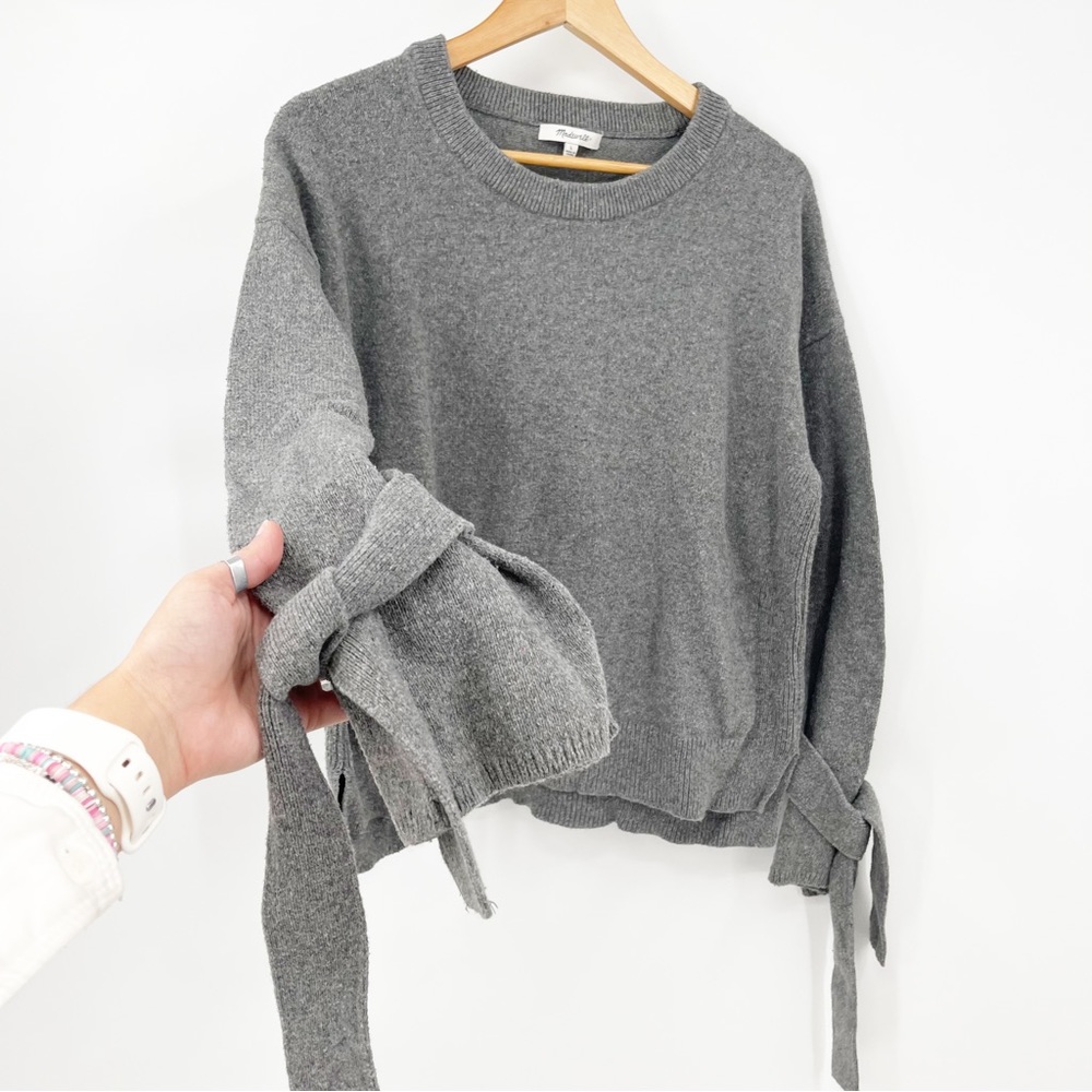 Madewell Gray Tie-Sleeve Crewneck Sweater